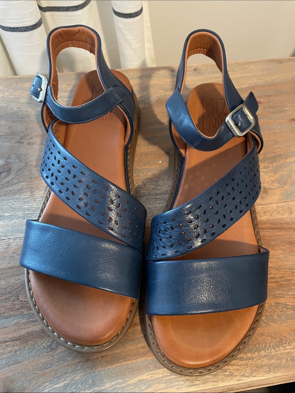 Miz Mooz Navy Leather Perforated Crossover Slingback Sandals